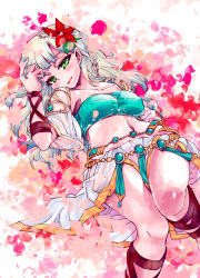 Rule 34 | 1girl, braid, breasts, cleric (tree of savior), collarbone, covered erect nipples, flower, green eyes, hair flower, hair ornament, hand in own hair, jewelry, large breasts, long hair, looking at viewer, lying, midriff, navel, open mouth, oracle (tree of savior), ornament, rintos, silver hair, single braid, solo, tree of savior