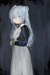 Rule 34 | 1girl, apron, aqua hair, bad id, bad twitter id, black dress, blue eyes, blue hair, brush stroke, closed mouth, dark background, dark blue hair, dress, empty eyes, expressionless, frilled cuffs, hair ornament, hair scrunchie, hatsune miku, highres, light blush, long sleeves, looking at viewer, maid, maid apron, multicolored hair, nachi shina, number tattoo, own hands together, pale skin, puffy long sleeves, puffy sleeves, scrunchie, solo, streaked hair, tattoo, vocaloid, white apron