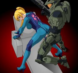 Rule 34 | 1boy, 1girl, animated, animated gif, arm support, armor, bent over, bodysuit, clothed sex, crossover, dakzky, halo (game), hetero, high heels, latex, latex suit, master chief, metroid, nintendo, penis, pinoytoons, ponytail, samus aran, sex, uncensored, vaginal, weapon, zero suit