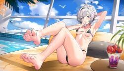 Rule 34 | 1girl, absurdres, bikini, bird, blue archive, breasts, cloud, grey eyes, grey hair, halo, highres, himari (blue archive), leaf, lying, mattress, on back, otakueden1995, parfait, pillow, pointy ears, pool, sky, small breasts, solo, swimsuit, window