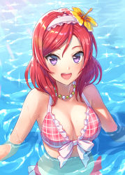 Rule 34 | 1girl, :d, bikini, blush, breasts, commentary request, dated, flower, hair flower, hair ornament, hairband, highres, jewelry, looking at viewer, love live!, love live! school idol festival, love live! school idol project, medium breasts, necklace, nishikino maki, open mouth, partially submerged, plaid, plaid bikini, purple eyes, red bikini, red hair, short hair, signature, smile, solo, swimsuit, teeth, upper teeth only, water, wedo, wet, white hairband