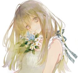 Rule 34 | 1girl, arms at sides, bare shoulders, blue flower, blush, breasts, bug, butterfly, closed mouth, flower, green hair, grey eyes, hair between eyes, head tilt, insect, long hair, looking at viewer, niwa haruki, original, raised eyebrows, shirt, sidelocks, simple background, sleeveless, sleeveless shirt, small breasts, solo, straight hair, upper body, white background, white flower, white shirt