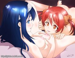 Rule 34 | 2013, 2girls, bad id, bad pixiv id, blue eyes, blue hair, blush, breasts, censored, clitoris, cunnilingus, dated, erect clitoris, eye contact, futaba aoi (vividred operation), ginko (silver fox), hairband, isshiki akane, long hair, looking at another, medium breasts, multiple girls, nipples, nude, open mouth, oral, pussy, pussy juice, short hair, smile, spread legs, spread pussy, tongue, twintails, vividred operation, yuri