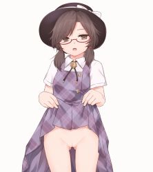 Rule 34 | 1girl, :o, black hat, black ribbon, blush, bolo tie, bow, brown eyes, brown hair, buttons, censored, cleft of venus, clothes lift, collared shirt, commentary request, cowboy shot, eyes visible through hair, glasses, gluteal fold, hair ornament, hands up, hat, hat bow, highres, lifted by self, looking at viewer, miyo (ranthath), mosaic censoring, neck ribbon, no panties, open mouth, plaid, plaid skirt, plaid vest, purple bow, purple skirt, purple vest, pussy, quimbaya airplane, red-framed eyewear, ribbon, shirt, short hair, short sleeves, short twintails, simple background, skirt, solo, standing, touhou, twintails, usami sumireko, vest, white background, white bow, white shirt, white sleeves