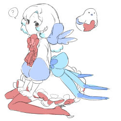 Rule 34 | 1girl, ?, azanaya nie, bird, black eyes, blue ribbon, boots, closed mouth, colored skin, commentary request, creature and personification, dot mouth, dress, frilled dress, frills, hair ribbon, lobotomy corporation, long sleeves, personification, project moon, punishing bird, red footwear, ribbon, sitting, sketch, speech bubble, spoken question mark, thigh boots, wariza, white bird, white dress, white hair, white skin