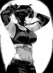 1girl absurdres armpits arms_up bandaid belt breasts choker commentary crop_top goggles goggles_on_head grace_howard greyscale highres large_breasts masoq midriff monochrome navel pants parted_lips short_hair solo sports_bra stomach sweat zenless_zone_zero