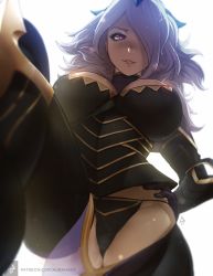 Rule 34 | 1girl, armor, artist name, assertive female, aurahack, black panties, boots, breasts, camilla (fire emblem), cleavage, femdom, fire emblem, fire emblem fates, from below, groin, hands on own hips, highres, large breasts, lips, long hair, looking at viewer, looking down, nintendo, panties, patreon username, purple eyes, purple hair, skindentation, smile, solo, thigh boots, thighhighs, underwear, vambraces, watermark, web address, white background