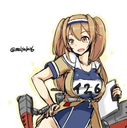 Rule 34 | 10s, 1girl, breasts, brown eyes, hairband, i-26 (kancolle), kantai collection, large breasts, light brown hair, long hair, machinery, maruyaa (malya1006), new school swimsuit, open mouth, sailor collar, school swimsuit, short sleeves, smile, solo, swimsuit, swimsuit under clothes, twitter username, two-tone hairband, two side up