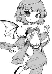 Rule 34 | 1girl, alternate costume, bat wings, closed mouth, dancer, greyscale, harem outfit, harem pants, highres, looking at viewer, monochrome, navel, oninamako, pants, remilia scarlet, short hair, slit pupils, smile, solo, touhou, wings
