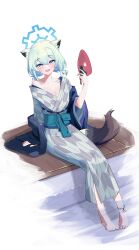 Rule 34 | 1girl, absurdres, animal ears, ankle ribbon, aqua hair, barefoot, blue archive, blue coat, blue eyes, breasts, cleavage, coat, collarbone, commentary request, feet, foot bath, full body, gradient eyes, grey kimono, halo, hand fan, highres, holding, holding fan, japanese clothes, kimono, korean commentary, leg ribbon, loais, looking at viewer, low twintails, medium breasts, medium hair, multicolored eyes, obi, off shoulder, onsen, open clothes, open coat, open mouth, paper fan, purple eyes, ribbon, sash, shigure (blue archive), shigure (hot spring) (blue archive), sitting, smile, solo, tail, toes, twintails, weasel ears, weasel girl, weasel tail, yagasuri