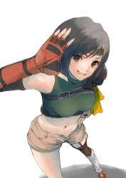 Rule 34 | 1girl, armor, asymmetrical legwear, black hair, breasts, brown eyes, crop top, final fantasy, final fantasy vii, fingerless gloves, foot out of frame, from above, gloves, green shirt, grey shorts, grin, hand on own hip, headband, highres, looking at viewer, loose socks, medium breasts, midriff, navel, orange gloves, pulupulupoodle, ribbon, shirt, shoes, short hair, short shorts, shorts, shoulder armor, single bare shoulder, single shoulder pad, sleeveless, sleeveless turtleneck, smile, sneakers, socks, solo, teeth, turtleneck, v-shaped eyebrows, waving, white background, yellow ribbon, yuffie kisaragi