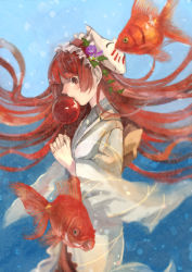 Rule 34 | 1girl, aono (091139), bad id, bad pixiv id, blurry, candy apple, eating, fish, floating hair, flower, food, from side, hair flower, hair ornament, hairband, japanese clothes, kimono, mask, original, red eyes, red hair, solo, underwater, wide sleeves, yukata
