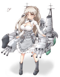 Rule 34 | 1girl, armpit cutout, blush, boots, breasts, brown eyes, cleavage, clothing cutout, conte di cavour (kancolle), full body, grey footwear, grey hair, highres, kantai collection, large breasts, long hair, long sleeves, rigging, signature, simple background, smile, solo, standing, tokiziku, white background