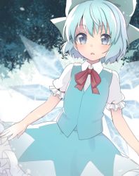 Rule 34 | 1girl, arms at sides, asa (coco), blue dress, blue eyes, blue hair, blurry, blush, bow, cirno, colored eyelashes, dress, hair between eyes, hair ornament, hair ribbon, ice, ice wings, matching hair/eyes, open mouth, puffy short sleeves, puffy sleeves, red bow, ribbon, shirt, short hair, short sleeves, skirt, skirt set, snowing, solo, touhou, triangle print, vest, wings