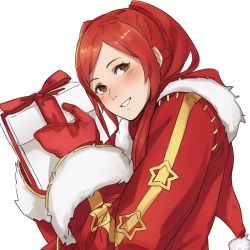 Rule 34 | 1girl, blush, fire emblem, fire emblem awakening, fire emblem heroes, gift, gloves, kamu (kamuuei), long hair, looking at viewer, nintendo, red hair, robin (female) (fire emblem), robin (fire emblem), simple background, smile, solo, twintails, white background, yellow eyes