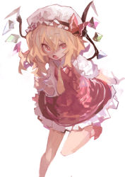 Rule 34 | 1girl, absurdres, ascot, blonde hair, bow, crystal, fang, flandre scarlet, frills, hair between eyes, hat, highres, kaamin (mariarose753), looking at viewer, mob cap, one side up, open mouth, puffy short sleeves, puffy sleeves, red bow, red eyes, red ribbon, red skirt, red vest, ribbon, shirt, short hair, short sleeves, side ponytail, simple background, skirt, solo, touhou, vest, white background, white shirt, wings, yellow ascot