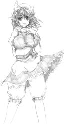 Rule 34 | 1girl, apron, bloomers, breasts, female focus, frills, graphite (medium), greyscale, large breasts, letty whiterock, looking at viewer, monochrome, puffy short sleeves, puffy sleeves, short hair, short sleeves, simple background, solo, standing, touhou, traditional media, underwear, waist apron, white background, zaki (artist)
