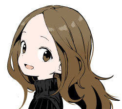 Rule 34 | 1girl, :d, black sweater, brown eyes, brown hair, commentary request, forehead, from side, highres, karakai jouzu no takagi-san, long hair, looking at viewer, looking to the side, official art, open mouth, parted bangs, portrait, ribbed sweater, simple background, smile, solo, sweater, takagi-san, turtleneck, turtleneck sweater, white background, yamamoto souichirou