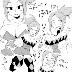Rule 34 | 1girl, alternate costume, argyle, argyle clothes, argyle legwear, blush, boots, breasts, bursting breasts, cerebella (skullgirls), cleavage, detached sleeves, female focus, henyaan (oreizm), large breasts, open mouth, short hair, skullgirls, solo, thigh boots, thighhighs, translation request, v