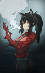 Rule 34 | 1girl, adjusting clothes, adjusting gloves, animal ear fluff, animal ears, arknights, belt, black hair, black pants, cigarette, collared shirt, cowboy shot, fishofthelakes, gloves, highres, looking at viewer, mouth hold, necktie, official alternate costume, open mouth, orange eyes, pants, ponytail, red gloves, red shirt, shirt, shirt tucked in, sidelocks, signature, smoke, solo, striped clothes, striped necktie, striped neckwear, striped pants, texas (arknights), texas (willpower) (arknights), vertical-striped clothes, vertical-striped pants, wolf ears