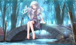 Rule 34 | 1girl, barefoot, closed eyes, forest, highres, long hair, looking at viewer, nature, original, risutaru, river, silver hair, sitting, smile, solo, wind