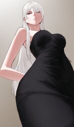 1girl ak-15_(girls&#039;_frontline) alternate_costume arms_behind_back black_dress breasts chika_232 closed_mouth dress from_below girls&#039;_frontline highres large_breasts long_hair perspective purple_eyes signature solo white_hair