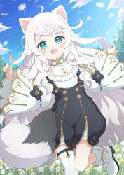 Rule 34 | 1girl, animal ears, blue sky, blush, buttons, cat ears, cat girl, cloud, cloudy sky, commission, curly hair, dandelion, dandelion seed, day, dutch angle, fangs, flower, frills, green eyes, highres, long hair, looking at viewer, open mouth, original, outdoors, running, skeb commission, sky, solo, thick eyebrows, tyomimas, white hair, wide sleeves
