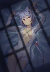 Rule 34 | 1girl, animal ears, arms up, bed sheet, blue hair, bow, breasts, brown eyes, cat ears, cat tail, collarbone, dress shirt, highres, jewelry, legs together, long sleeves, lying, medium breasts, naked shirt, necklace, no bra, no panties, on back, original, red bow, saiste, shirt, short hair, solo, tail, tail bow, tail ornament, thighs, window shadow