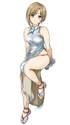 Rule 34 | 1girl, aiba yumi, bare legs, bare shoulders, blonde hair, blush, breasts, brown eyes, china dress, chinese clothes, closed mouth, collarbone, dot nose, dress, earrings, floral print, full body, gatsby ssl, grey dress, grey footwear, highres, idolmaster, idolmaster cinderella girls, idolmaster cinderella girls starlight stage, invisible chair, jewelry, knee up, looking at viewer, medium breasts, pelvic curtain, print dress, see-through gloves, shoe print, shoes, short hair, side slit, simple background, sitting, sleeveless, sleeveless dress, smile, solo, thighs, white background