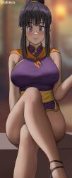 Rule 34 | 1girl, absurdres, artist name, bare arms, black hair, blunt bangs, blurry, blurry background, blush, breasts, chi-chi (dragon ball), china dress, chinese clothes, closed mouth, covered erect nipples, crossed legs, dragon ball, dress, grey eyes, hair bun, highres, large breasts, light smile, looking at viewer, no panties, oroborus, purple dress, sidelocks, smile, solo