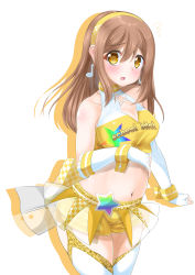 Rule 34 | 1girl, :d, absurdres, asakawa-san (8107ka), bare shoulders, blush, breasts, brown hair, cleavage, cleavage cutout, clothes writing, clothing cutout, clothing request, collarbone, colored shadow, commentary request, cowboy shot, crop top, drop shadow, elbow gloves, fingerless gloves, flying sweatdrops, garter straps, gloves, groin, hair between eyes, hairband, highres, kunikida hanamaru, long hair, looking at viewer, love live!, love live! sunshine!!, medium breasts, midriff, musical note earrings, navel, open mouth, race queen, shadow, shirt, short shorts, shorts, sidelocks, simple background, sleeveless, sleeveless shirt, smile, solo, standing, thighhighs, white background, white gloves, white thighhighs, wrist cuffs, yellow eyes, yellow hairband, yellow shorts