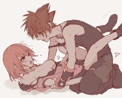 Rule 34 | 1boy, 1girl, areola slip, black footwear, boots, breasts, brown hair, clothed sex, hetero, jewelry, kairi (kingdom hearts), kingdom hearts, kingdom hearts iii, looking at another, medium breasts, missionary, necklace, nipples, one breast out, open mouth, ramochi (auti), red hair, sex, short hair, sora (kingdom hearts), spiked hair, strap slip, sweat, tank top