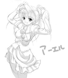Rule 34 | 00s, 1girl, aeru (simoun), arms up, breasts, covered erect nipples, cowboy shot, dress, fingerless gloves, gloves, greyscale, juliet sleeves, large breasts, long sleeves, looking at viewer, lowres, monochrome, pom pom (clothes), puffy long sleeves, puffy sleeves, simoun, simple background, sketch, smile, solo, standing, thighhighs, tougarashi hideyu, white background