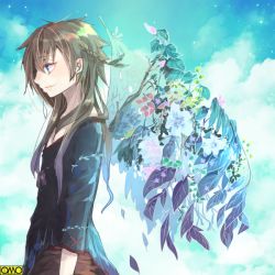 Rule 34 | 1boy, arms at sides, ashgray, black shirt, blouse, blue sky, braid, branch, brown hair, cloud, flower, from side, glorious drive, long hair, male focus, omc, outdoors, profile, shirt, side braid, sideways mouth, sky, smile, solo, standing, very long hair, wings