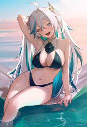 Rule 34 | 1girl, absurdres, ahoge, arm up, ascot, bikini, blue eyes, blue hair, breasts, commentary, commission, crossed bangs, day, feet out of frame, green ascot, green bikini, hair between eyes, hair ornament, heterochromia, highres, large breasts, light blush, long hair, looking at viewer, multicolored hair, navel, open mouth, original, outdoors, sitting, skeb commission, smile, soaking feet, solo, sooon, star-shaped pupils, star (symbol), streaked hair, swimsuit, symbol-shaped pupils, twintails, twitter username, very long hair, virtual youtuber, water, wet, white hair, yellow eyes