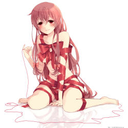 Rule 34 | 1girl, arm support, bare shoulders, barefoot, blush, body blush, bow, breasts, collarbone, feet, female focus, fingernails, full body, gasai yuno, hair between eyes, hair bow, hair ornament, heart, highres, hina, knees, legs, long hair, looking at viewer, mirai nikki, naked ribbon, pink eyes, pink hair, pinky out, reflection, ribbon, shiki hinako, simple background, sitting, smile, solo, string, string of fate, toes, underboob, very long hair, wariza, watermark, web address, white background