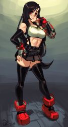 Rule 34 | 1girl, alex ahad, ankle boots, black hair, black skirt, boots, breasts, commentary, crop top, elbow gloves, elbow pads, english commentary, final fantasy, final fantasy vii, final fantasy vii remake, fingerless gloves, full body, gloves, hair flip, hand on own hip, highres, long hair, looking at viewer, low-tied long hair, medium breasts, padded gloves, red eyes, red footwear, red gloves, skirt, solo, sports bra, suspender skirt, suspenders, thighhighs, tifa lockhart, toned, zettai ryouiki