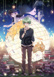 Rule 34 | 2boys, absurdres, ace (playing card), ace of hearts, amami rantaro, antenna hair, arm at side, bangle, black cape, black footwear, black hat, black shirt, book, book stack, bracelet, brown pants, cape, card, character doll, closed mouth, club (shape), collarbone, crescent, danganronpa (series), danganronpa v3: killing harmony, earrings, full body, gloves, green eyes, green hair, hair between eyes, hand on own cheek, hand on own face, hat, heart, highres, holding, holding card, jewelry, joker (playing card), legs up, long sleeves, looking at viewer, lying, male focus, multiple boys, necklace, no socks, oma kokichi, on stomach, pants, peaked cap, pendant, playing card, purple eyes, purple hair, ring, serious, shirt, sky, smile, spread legs, standing, star (sky), star (symbol), starry sky, straitjacket, striped clothes, striped shirt, stud earrings, white pants, zuizi