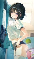 1girl absurdres black_hair blurry breasts buruma charm_(object) cowboy_shot depth_of_field gym_uniform hair_ornament hairclip highres indoors locker locker_room medium_breasts multicolored_eyes myowa navel original parted_lips pink_eyes plastic_bottle purple_eyes shirt short_hair sidelocks solo sweat takahashi_minami_(myowa) thighhighs white_shirt