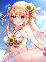 Rule 34 | 1girl, bikini, blue sky, blush, bottomless, breasts, cloud, collarbone, commentary request, day, fang, flower, hair between eyes, hair flower, hair ornament, hair ribbon, highres, holding, holding swim ring, innertube, lens flare, long hair, looking at viewer, medium breasts, mitsuba choco, navel, open mouth, orange hair, original, outdoors, red eyes, ribbon, scrunchie, simple background, sky, smile, solo, sunflower, swim ring, swimsuit, underboob, white bikini, wrist scrunchie
