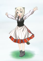Rule 34 | 1girl, aged down, animal ears, apron, blonde hair, child, elma leivonen, green eyes, kaneko (novram58), md5 mismatch, novram58, outstretched arms, short hair, simple background, skirt, smile, solo, strike witches, strike witches: suomus misfits squadron, tail, traditional clothes, vest, white background, world witches series