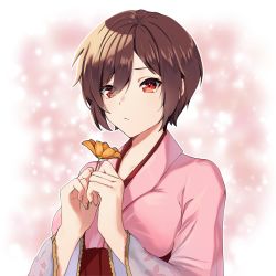 Rule 34 | 1girl, absurdres, brown hair, closed mouth, flower, frown, hair between eyes, hands up, highres, holding, holding flower, japanese clothes, kimono, meiko (vocaloid), pink background, pink kimono, project diva (series), red eyes, short hair, solo, vocaloid, wide sleeves, yellow flower, yen-mi