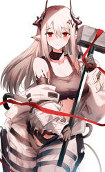 Rule 34 | 1girl, arknights, bare shoulders, black choker, black gloves, breasts, choker, commentary request, cowboy shot, crop top, gloves, hair between eyes, hammer, hand up, highres, holding, holding hammer, holding weapon, horns, infection monitor (arknights), kinona, long hair, long sleeves, material growth, medium breasts, midriff, mudrock (arknights), mudrock (elite ii) (arknights), off shoulder, oripathy lesion (arknights), partial commentary, pointy ears, red eyes, silver hair, simple background, solo, sports bra, standing, weapon, white background