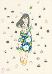Rule 34 | 1girl, awai880, black eyes, bright pupils, dress, earrings, floral print, flower, food, grey hair, highres, holding, holding phone, jewelry, leaf, long hair, onigiri, original, phone, print dress, shoes, signature, solo, tan background, white flower, white pupils, yellow flower, yellow footwear