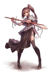 Rule 34 | 1girl, grey hair, highres, hrtyuk, long hair, open mouth, original, side ponytail, skirt, smile, solo, sword, thighhighs, weapon