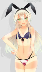 Rule 34 | 10s, 1girl, :d, absurdres, artist name, bad id, bad pixiv id, bikini, bikini tan, blonde hair, blush, dated, flat chest, front-tie top, green eyes, grey background, hairband, hand on own hip, highres, kantai collection, long hair, looking at viewer, navel, open mouth, shadow, shimakaze (kancolle), smile, solo, striped bikini, striped clothes, swimsuit, tan, tanline, tebi (tbd11)