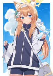 Rule 34 | 1girl, animal ear fluff, animal ears, bag, black jacket, black shorts, blue archive, blue eyes, blue sky, bottle, brown hair, closed mouth, cloud, commentary request, cooler, day, flower, gym shorts, hair flower, hair ornament, hairband, halo, hand up, highres, holding, holding bottle, jacket, kurigura (sketch san), long hair, long sleeves, looking at viewer, mari (blue archive), mari (track) (blue archive), official alternate costume, short shorts, shorts, shoulder bag, sky, sleeves past wrists, smile, solo, towel, track jacket, very long hair, water bottle, white flower, white hairband