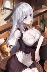 Rule 34 | 1girl, absurdres, apron, barrel, beer mug, black bow, black bowtie, black skirt, blush, bottle, bow, bowtie, breasts, bustier, cleavage, cup, detached collar, detached sleeves, flower, frilled apron, frilled skirt, frills, green eyes, hair flower, hair intakes, hair ornament, highres, holding, holding cup, hololive, indoors, large breasts, long hair, miniskirt, mug, narukami arei, open mouth, shirogane noel, shirogane noel (dirndl), short sleeves, silver hair, sitting, skirt, solo, very long hair, virtual youtuber, waist apron, white apron, white flower, white sleeves, wine bottle, wing collar