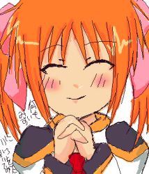 Rule 34 | 00s, 1girl, apricot sakuraba, blonde hair, blush, broccoli (company), closed eyes, flower, galaxy angel, galaxy angel rune, lowres, oekaki, own hands together, poorly drawn, ribbon, short hair, simple background, smile, solo, twintails, white background