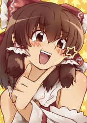 Rule 34 | 1girl, :d, bare shoulders, blush, bow, brown eyes, brown hair, cookie (touhou), detached sleeves, hair bow, hair tubes, hakurei reimu, index finger raised, kanna (cookie), long hair, meis (terameisu), mature female, open mouth, smile, solo, star (symbol), thick eyebrows, touhou
